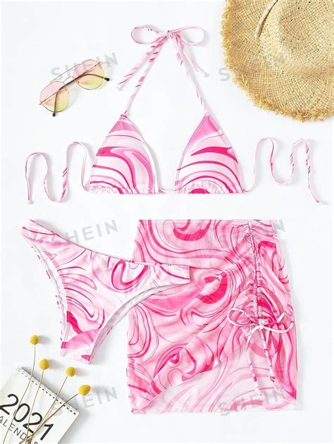 Shein X Hangout Fest Shein Swim Summer Beach Packs Allover Print Halter Bikini Cover Up