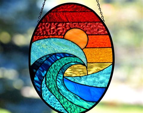 Stained Glass Ocean Wave At Sunset Suncatcher Coastal Decor Etsy