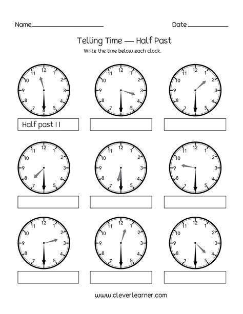 Telling Time Half Hour Worksheets