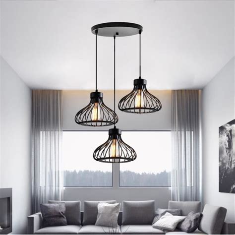 Tempas Lustre Industriel Lampes Suspension Cage En Fer Noir Vintage