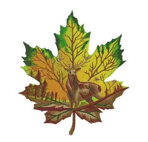 Maple Leaf With Deer Machine Embroidery Design Deer On A Etsy