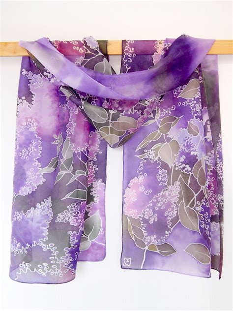 Purple Scarf Silk Lilac Scarves Hand Painted With Flowers In Violet