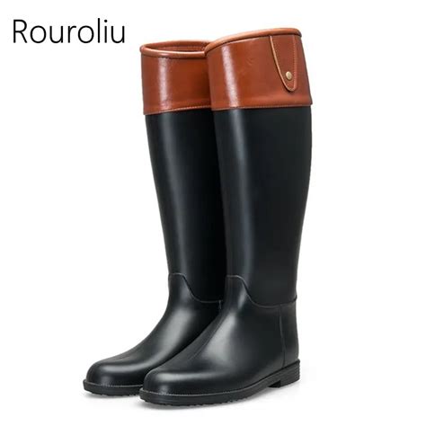 Rouroliu Women Fashion Mixed Colors Flat Heels Rain Boots Knee high Non ...