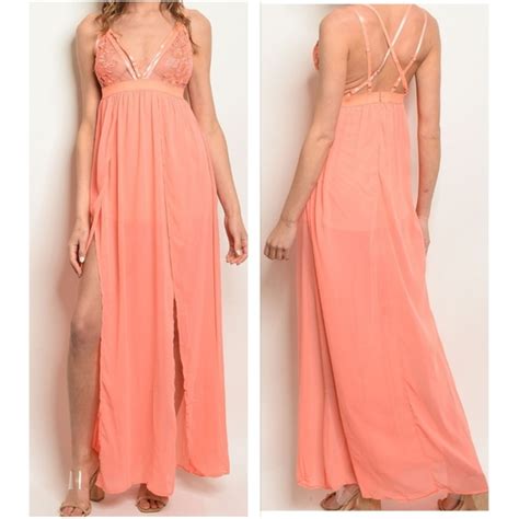 Dresses Coral Chiffon Sexy Lace Strappy Vneck Side Slit Maxi Lingerie Dress Poshmark