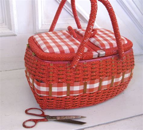 Vintage Sewing Basket Large Red And White Sewing Baskets Basket