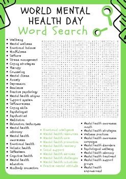 World Mental Health Day Word Search Puzzle Worksheet Activities Tpt