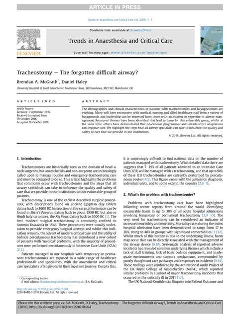 Trends In Anaesthesia And Critical Care Brendan A Mcgrath Daniel Haley Pdf Intensive Care