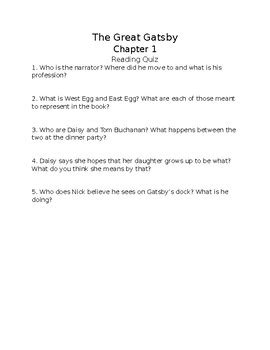 The Great Gatsby Chapter Reading Quiz Free By Tenn Teachers Tpt