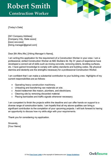 Construction Worker Cover Letter Examples QwikResume