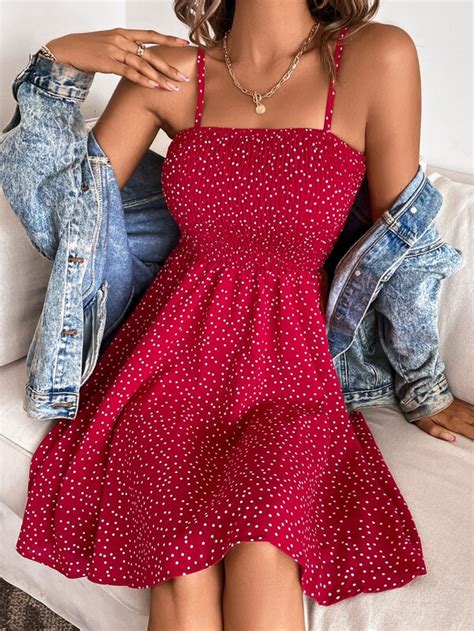 Shein Vcay Polka Dot Shirred Cami Dress Shein Uk