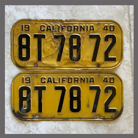 1940 California YOM License Plates For Sale - Original Vintage Pair 8T7872