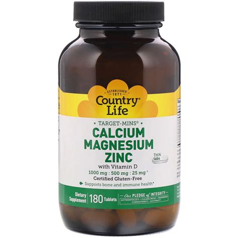 Country Life Target Mins Calcium Magnesium Zinc 1000 Mg 500 Mg 25 Mg 180 Tablets Iherb