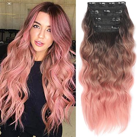 Pink Ombre Clip In Hair Extensions 4 Pcs Natural Black Soft Long Wavy Synthetic