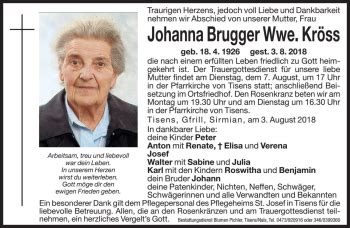 Traueranzeigen Von Johanna Kr Ss Trauer Bz