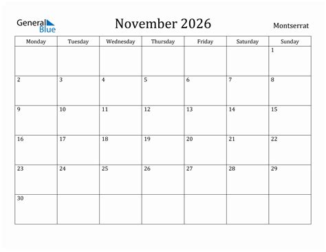 november  monthly calendar  montserrat holidays monday start
