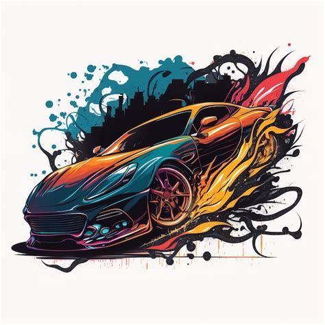 Premium Photo | A drawing of a car with flames on it