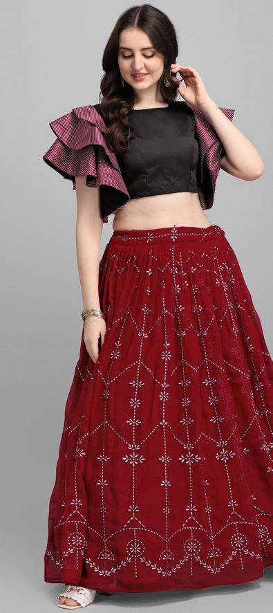 Party Wear Reception Red And Maroon Color Georgette Fabric Lehenga