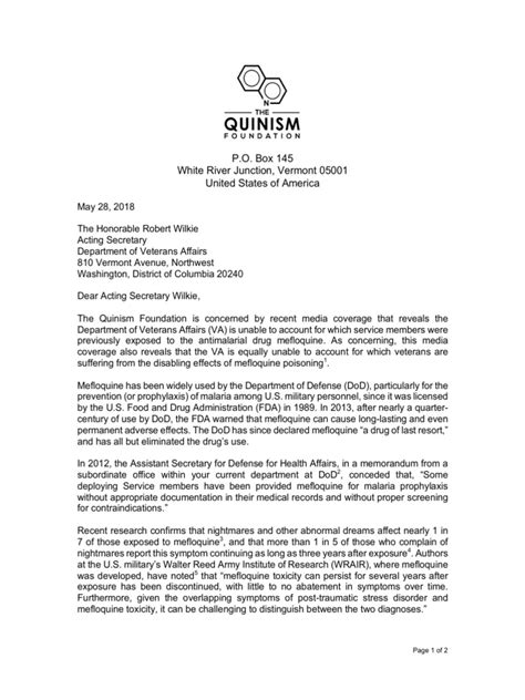 Letter To Va From The Quinism Foundation United States Department Of