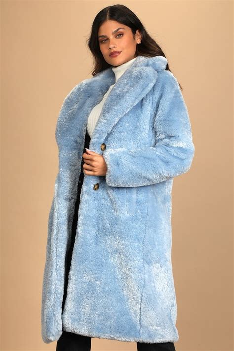 Blue Faux Fur Coat Collared Longline Coat Oversized Coat Lulus