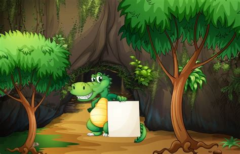 Premium Vector A Crocodile Holding An Empty Paper Outside The Cave