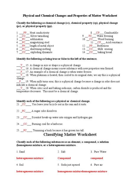 Physical And Chemical Changes And Properties Of Matter Worksheet