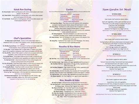 Menu at Siam Garden restaurant, Grantham