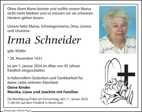 Traueranzeigen Von Irma Schneider Trauer Anzeigen De