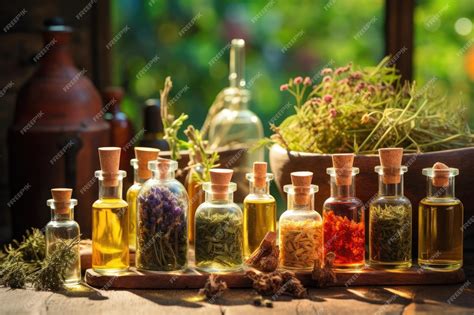 Botellas De Tintura O Infusión De Hierbas Medicinales Y Plantas Curativas Saludables Foto Premium