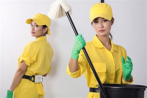 Duas Mulheres Vestindo Uniformes Amarelos Uma Vassoura E Luvas