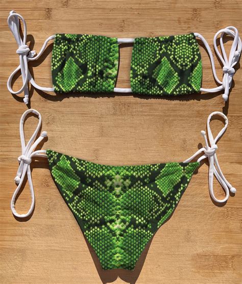 Swimwear Scrunch Butt Tie Side Square Top Bikini Set Green Snakeskin Thong Cheeky Full