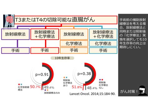 日本がん対策図鑑 【直腸がん：術前治療】「放射線療法」＋「化学療法」vs「放射線療法」