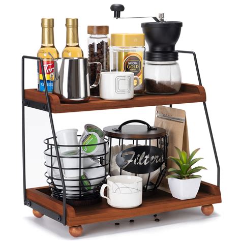 Buy 2 Tier Coffee Bar Accessories And Organizer Shelfwooden Coffee Station Organizer For