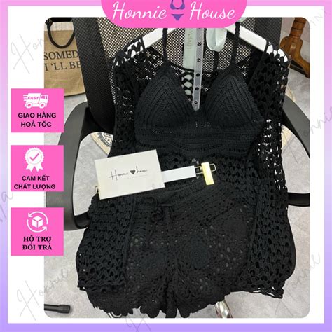 Set bikini len sợi móc đi biển màu đen quyến rũ 3 chi tiết gồm áo bra lượn sóng quần sooc áo