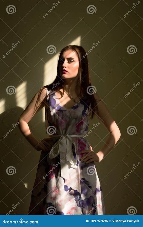 Seductive Brunette Woman With Bright Makeup Posing In Dark Room Stock Photo Image Of Home