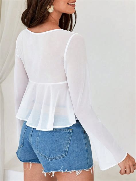 Shein Wywh Knot Front Sheer Crop Blouse For Sale Australia New