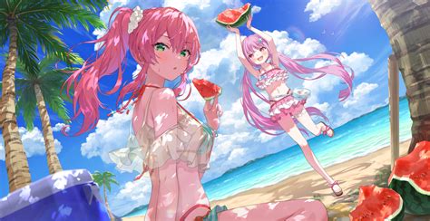 2girls Aikawa Megumi Aliasing Beach Bikini Blush Clouds Flat Chest Food