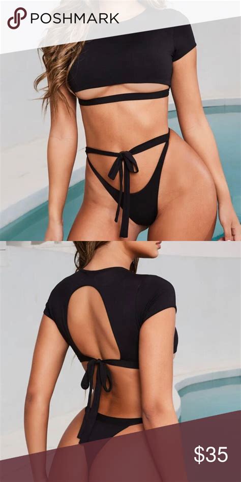 Tie Straps Cutout Short Sleeve Bikini Black Bikinis Hot Sex Picture