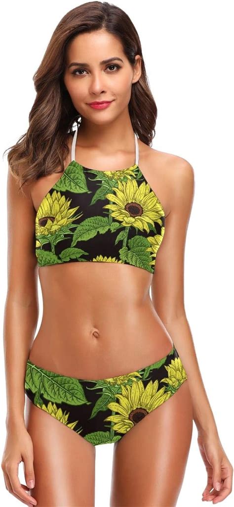 Hyjoy Sunflowers Yellow Floral Leaves Swimsuits Padded Bikini Sets Sexy