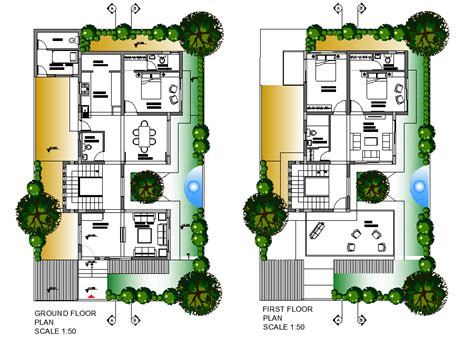 Architecture Ground Floor And First Floor House Plan Dwg File Cadbull