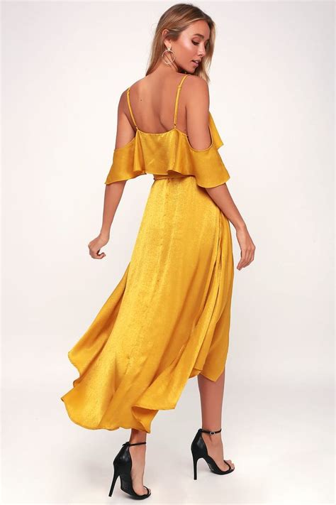 Layla Mustard Yellow Satin Off The Shoulder Wrap Dress Wrap Dress Satin Midi Dress Yellow Dress