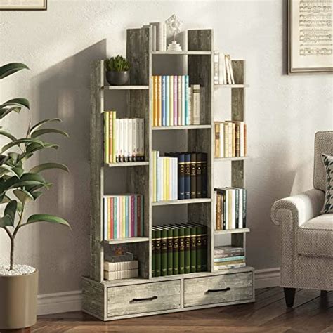 Rolanstar Bookshelf With Wooden Drawers Rustic Wood Bookshelves