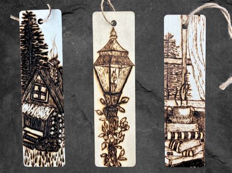 Wooden Bookmarks Set of 3 Cozy Scene : Wood Burning Art by Hand Log ...