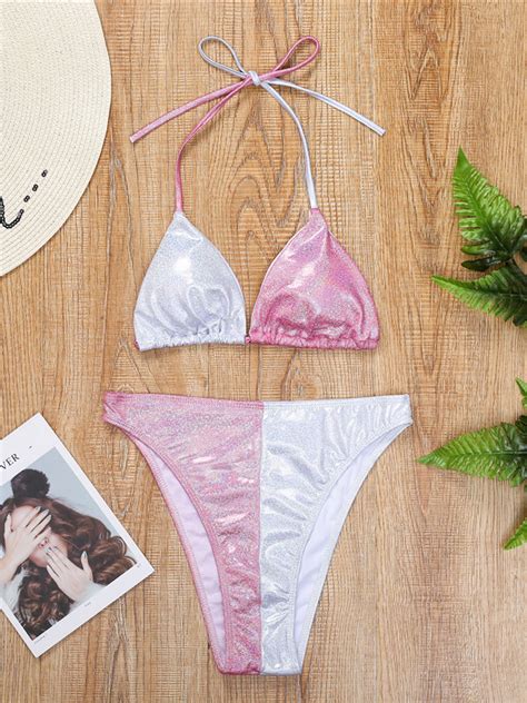 Wholesale Colorblock Chemical Foiled Fabric Halter Bikini Sets Lhm Wholesale