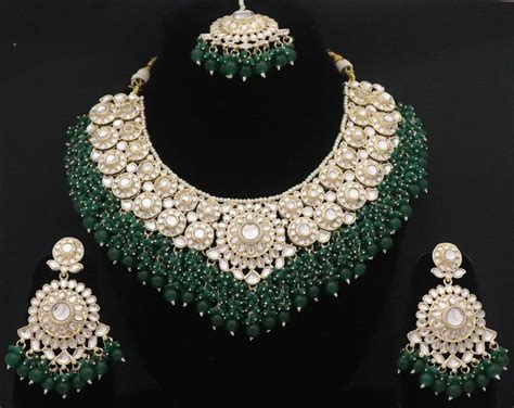 Indian Kundan Bridal Green Jewelry Indian Necklace Earrings Tikka Set