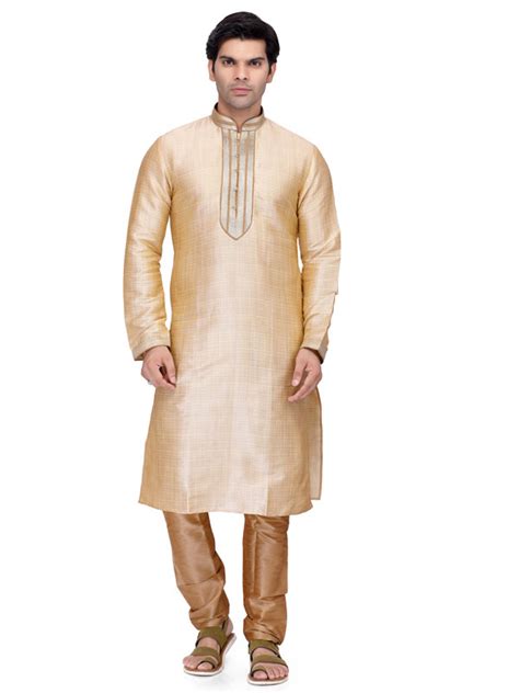 Gold Colour Art Silk Kurta Pajama For Men Zakarto