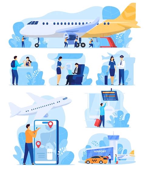 Premium Vector Airline Services People In Airport Staff And Passengers Illustration