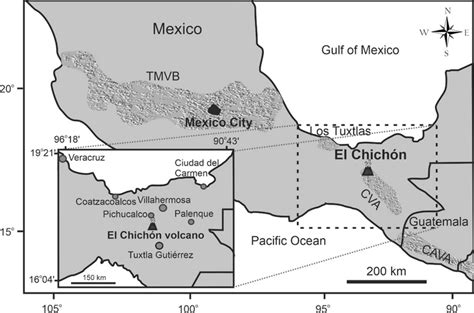 Location of El Chichón Volcano in southern Mexico. It lies 70 km to the... | Download Scientific ...