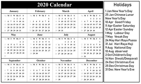 Year At A Glance Calendar With Holiday Free Printable