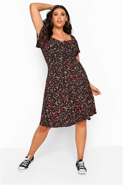 Black Ditsy Floral Bardot Dress Yours Clothing