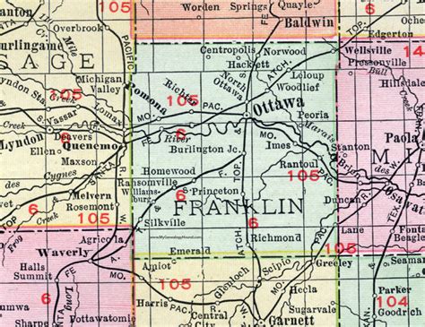 Franklin County, Kansas, 1911 Map, Ottawa, Wellsville, Pomona